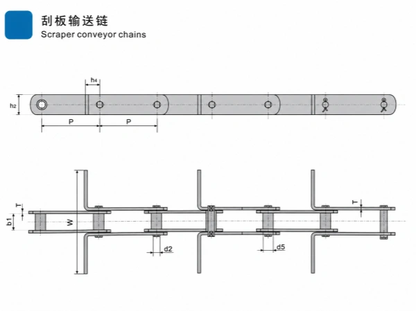 Scraper conveyor chain technical drawing showing chain plates, scraper attachments, pitch, pin dimensions, and tensile load parameters