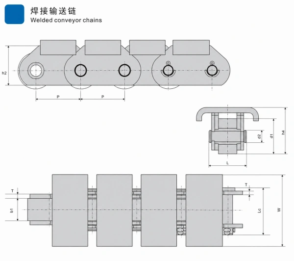 Welded conveyor chain with attachments for industrial material handling equipment