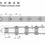 Timber conveyor chain technical drawing showing pitch, roller diameter, pin dimensions, plate height, and plate thickness