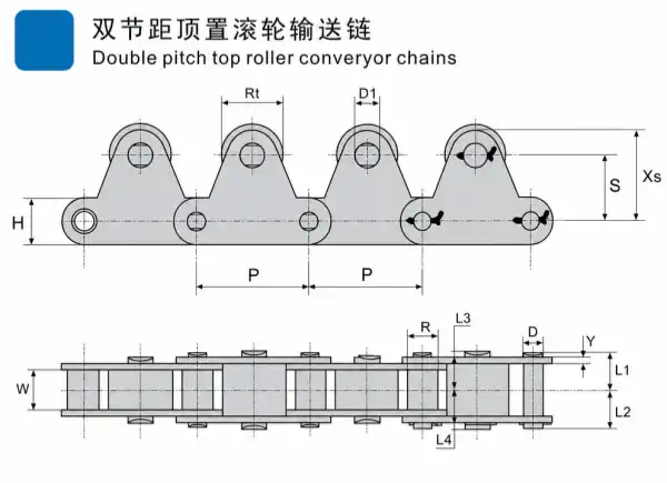 Double pitch top roller conveyor chain technical drawing for industrial conveyor systems